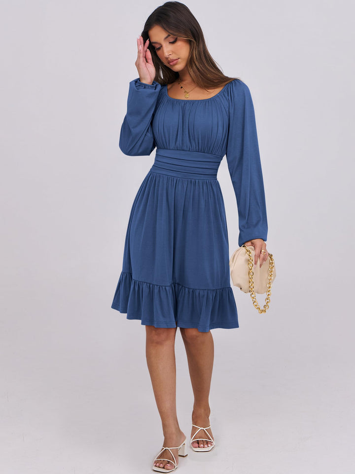 ANRABESS Womens Dress Long Lantern Sleeve Square Neck Elastic Waist Ruffle Flowy Swing A-Line Short Dresses 2026 Fall Fashion