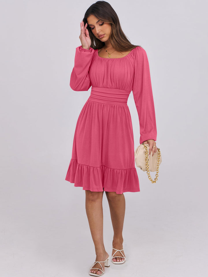 ANRABESS Womens Dress Long Lantern Sleeve Square Neck Elastic Waist Ruffle Flowy Swing A-Line Short Dresses 2026 Fall Fashion