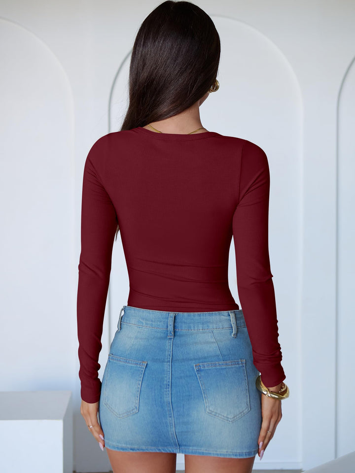 ANRABESS Long Sleeve Bodysuits Top for Women Crewneck Slim Fit Tight Body Suits,Compression Tee Shirts，Ribbed Knit Bodyshirt，Crotch Open，Casual Layer Undershirts Clothing