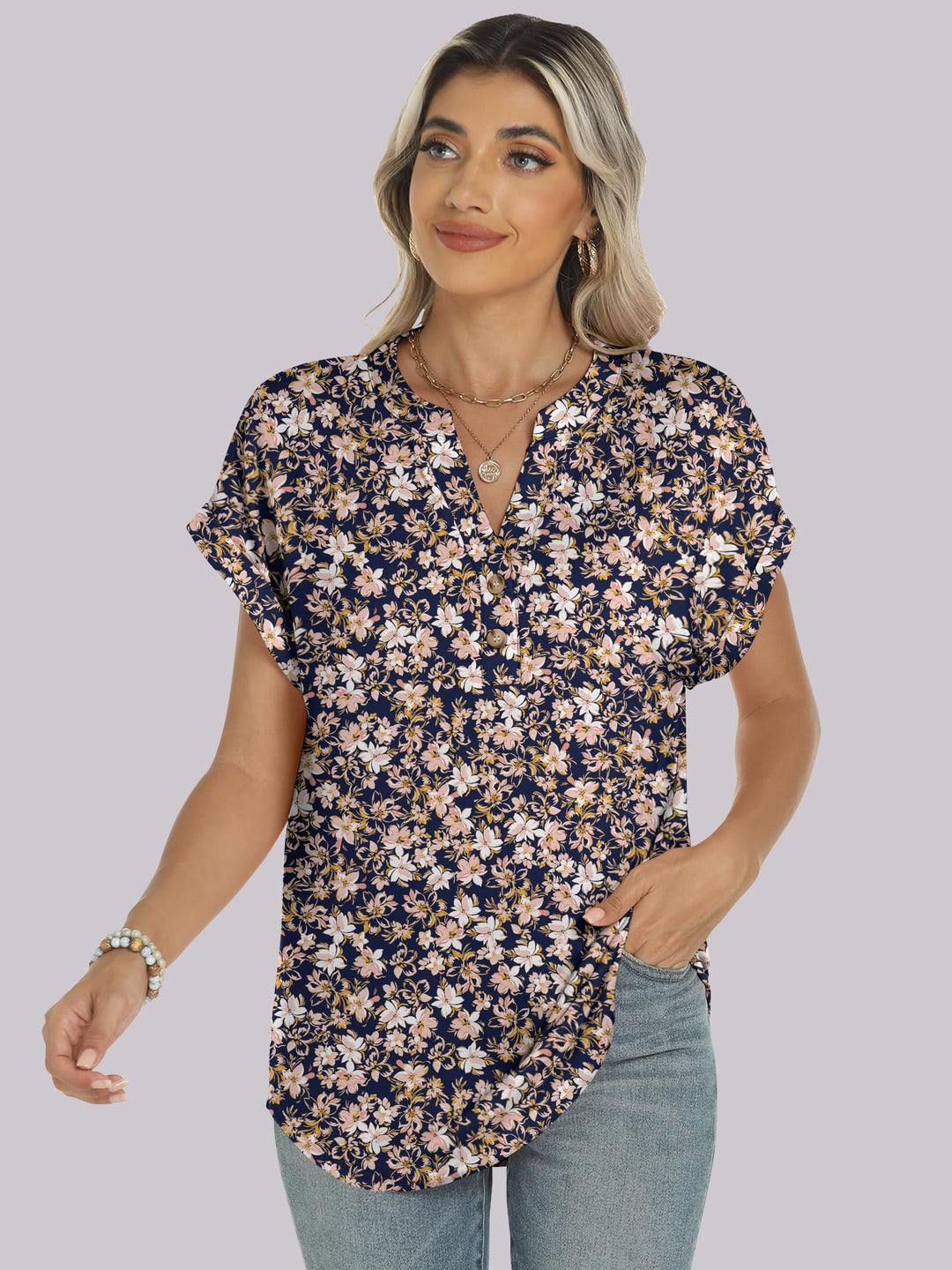 ANRABESS Women's Short Sleeve V-Neck Henley Top