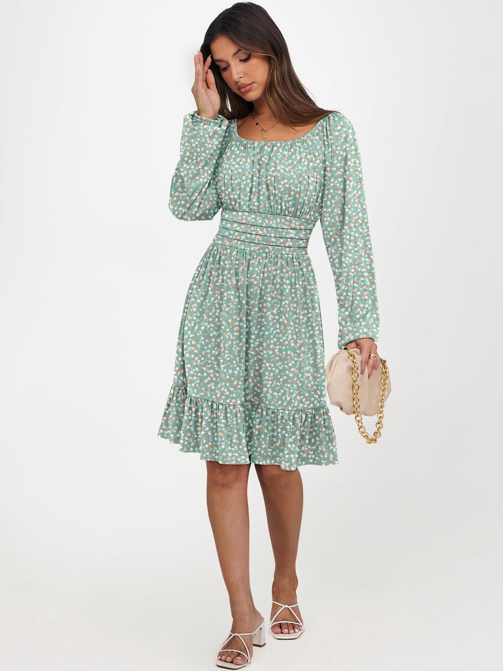 ANRABESS Womens Dress Long Lantern Sleeve Square Neck Elastic Waist Ruffle Flowy Swing A-Line Short Dresses 2026 Fall Fashion