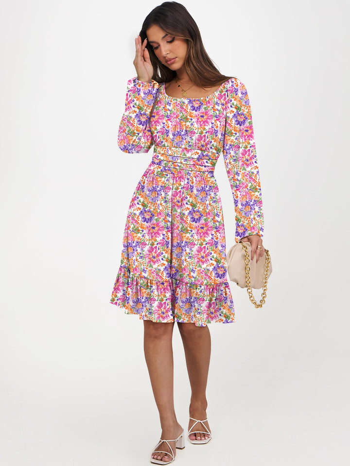 ANRABESS Womens Dress Long Lantern Sleeve Square Neck Elastic Waist Ruffle Flowy Swing A-Line Short Dresses 2026 Fall Fashion