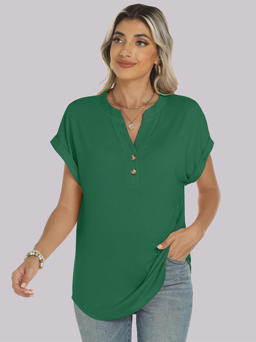 ANRABESS Women's Short Sleeve V-Neck Henley Top