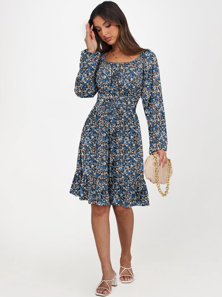 ANRABESS Womens Dress Long Lantern Sleeve Square Neck Elastic Waist Ruffle Flowy Swing A-Line Short Dresses 2026 Fall Fashion