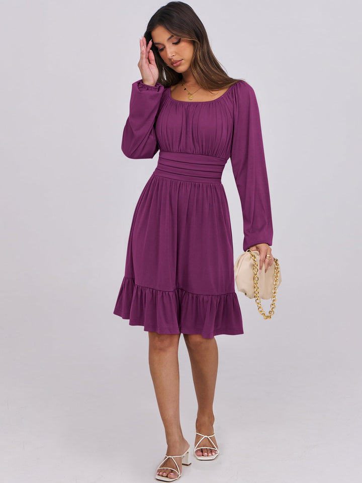 ANRABESS Womens Dress Long Lantern Sleeve Square Neck Elastic Waist Ruffle Flowy Swing A-Line Short Dresses 2026 Fall Fashion