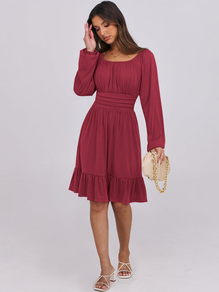 ANRABESS Womens Dress Long Lantern Sleeve Square Neck Elastic Waist Ruffle Flowy Swing A-Line Short Dresses 2026 Fall Fashion