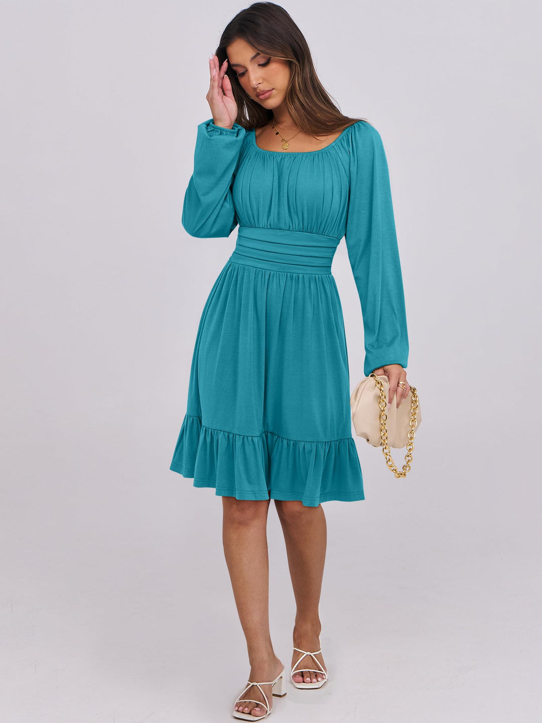 ANRABESS Womens Dress Long Lantern Sleeve Square Neck Elastic Waist Ruffle Flowy Swing A-Line Short Dresses 2026 Fall Fashion