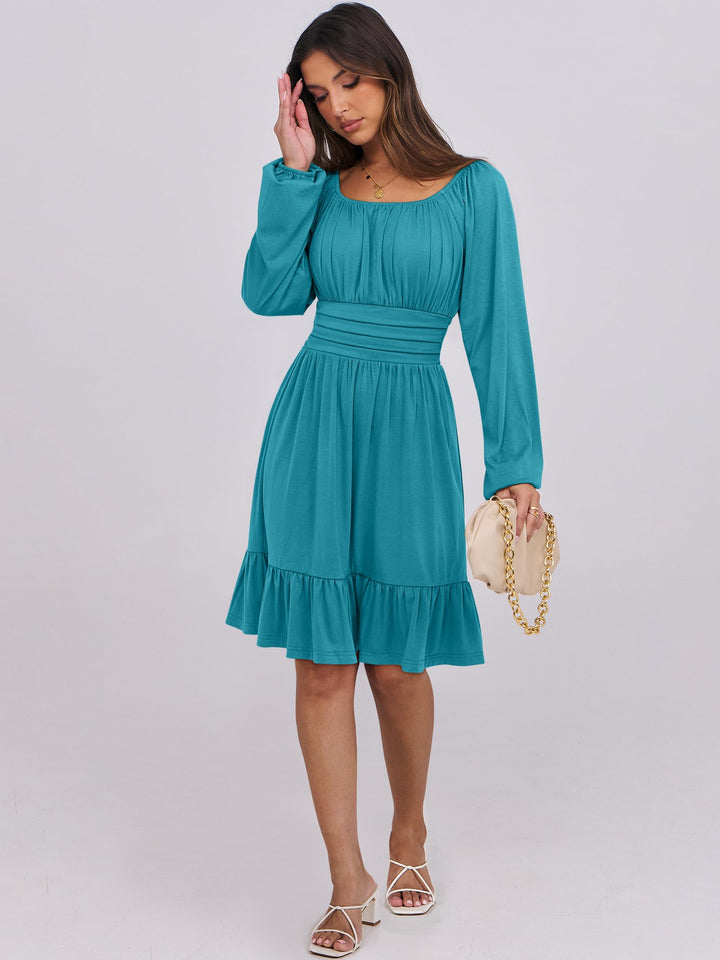 ANRABESS Womens Dress Long Lantern Sleeve Square Neck Elastic Waist Ruffle Flowy Swing A-Line Short Dresses 2026 Fall Fashion