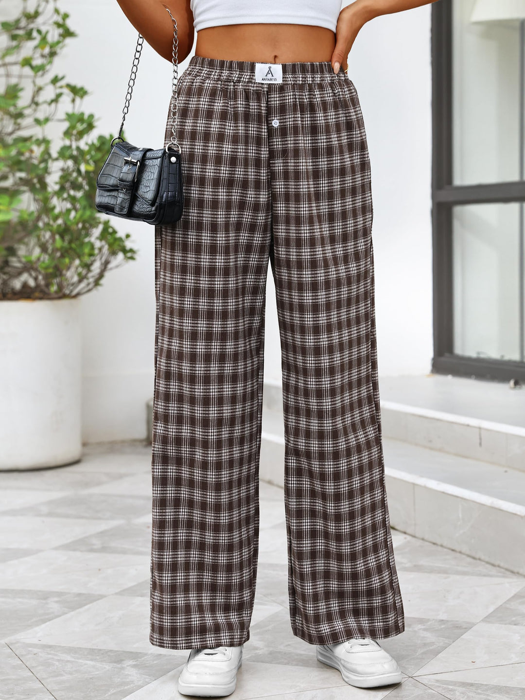 ANRABESS Womens Gingham Striped Boxer Pants | Wide Leg Elastic Waist with Pockets, Lounge Pajama Bottoms Home Daily Wear, Lightweight Breathable, Casual Summer Fall