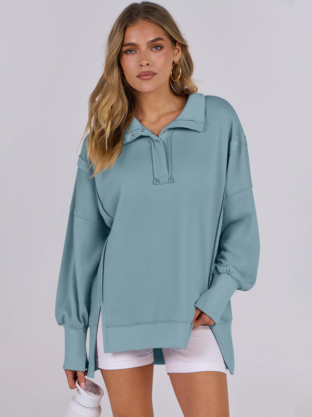 ANRABESS Women's Sweatshirts Oversized Casual Loose Button Up Henley Pullover Top High Low Split 2026 Fall Fashion Outfits