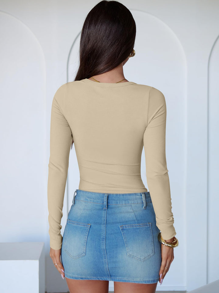 ANRABESS Long Sleeve Bodysuits Top for Women Crewneck Slim Fit Tight Body Suits,Compression Tee Shirts，Ribbed Knit Bodyshirt，Crotch Open，Casual Layer Undershirts Clothing