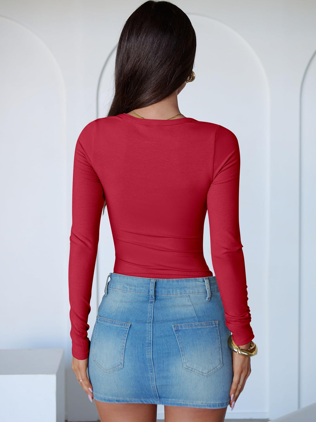 ANRABESS Long Sleeve Bodysuits Top for Women Crewneck Slim Fit Tight Body Suits,Compression Tee Shirts，Ribbed Knit Bodyshirt，Crotch Open，Casual Layer Undershirts Clothing
