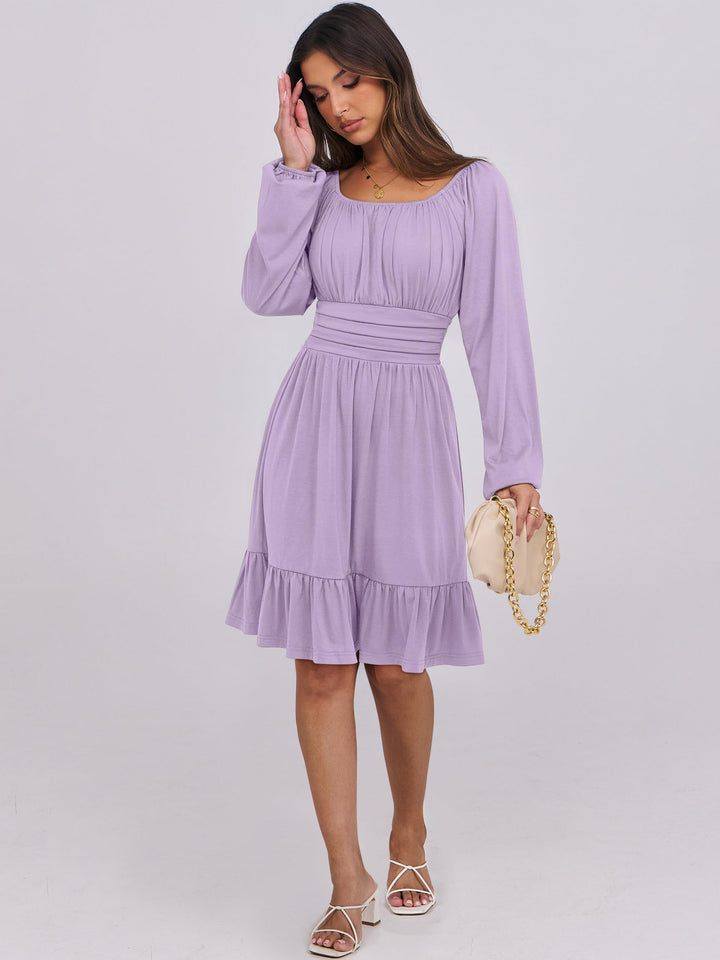 ANRABESS Womens Dress Long Lantern Sleeve Square Neck Elastic Waist Ruffle Flowy Swing A-Line Short Dresses 2026 Fall Fashion