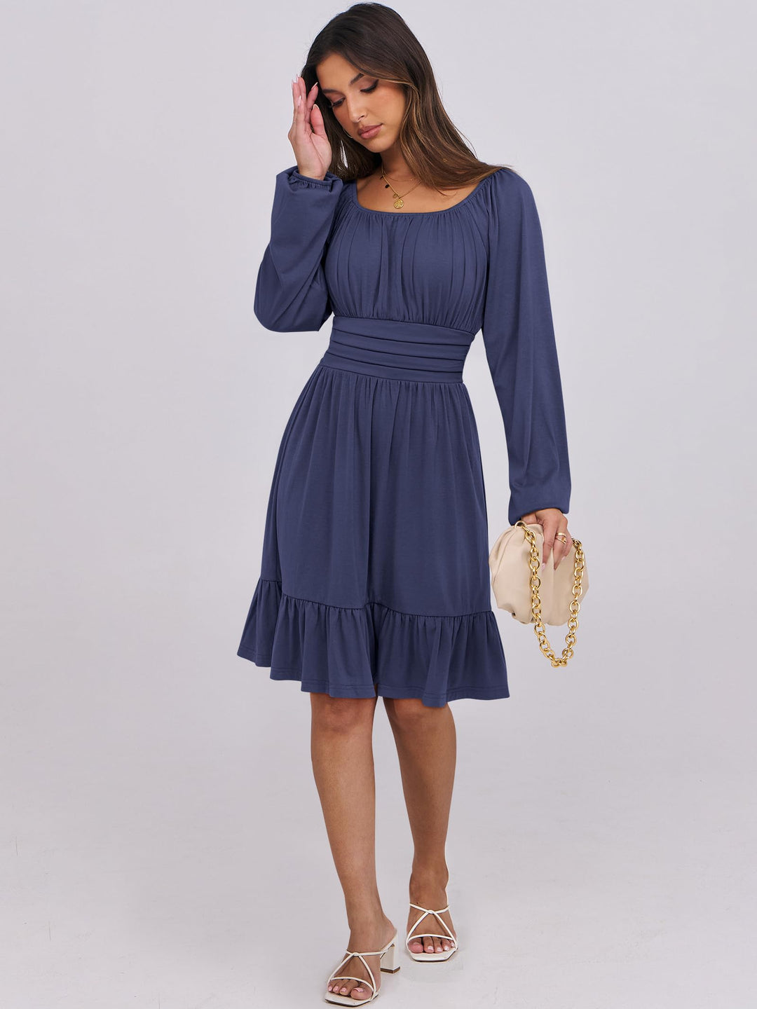 ANRABESS Womens Dress Long Lantern Sleeve Square Neck Elastic Waist Ruffle Flowy Swing A-Line Short Dresses 2026 Fall Fashion