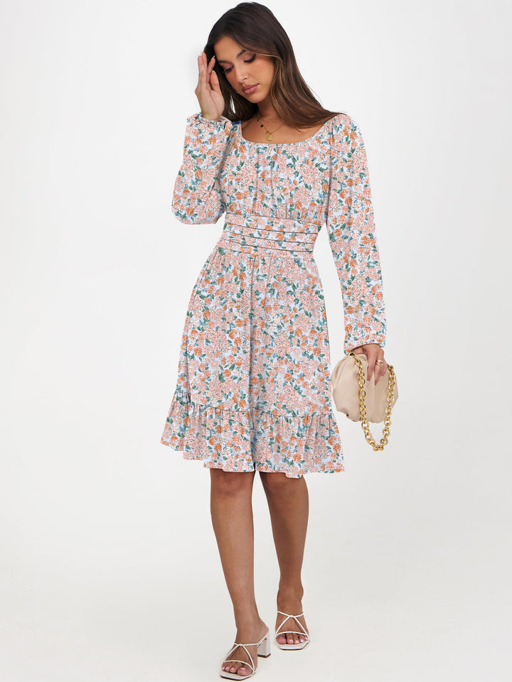ANRABESS Womens Dress Long Lantern Sleeve Square Neck Elastic Waist Ruffle Flowy Swing A-Line Short Dresses 2026 Fall Fashion