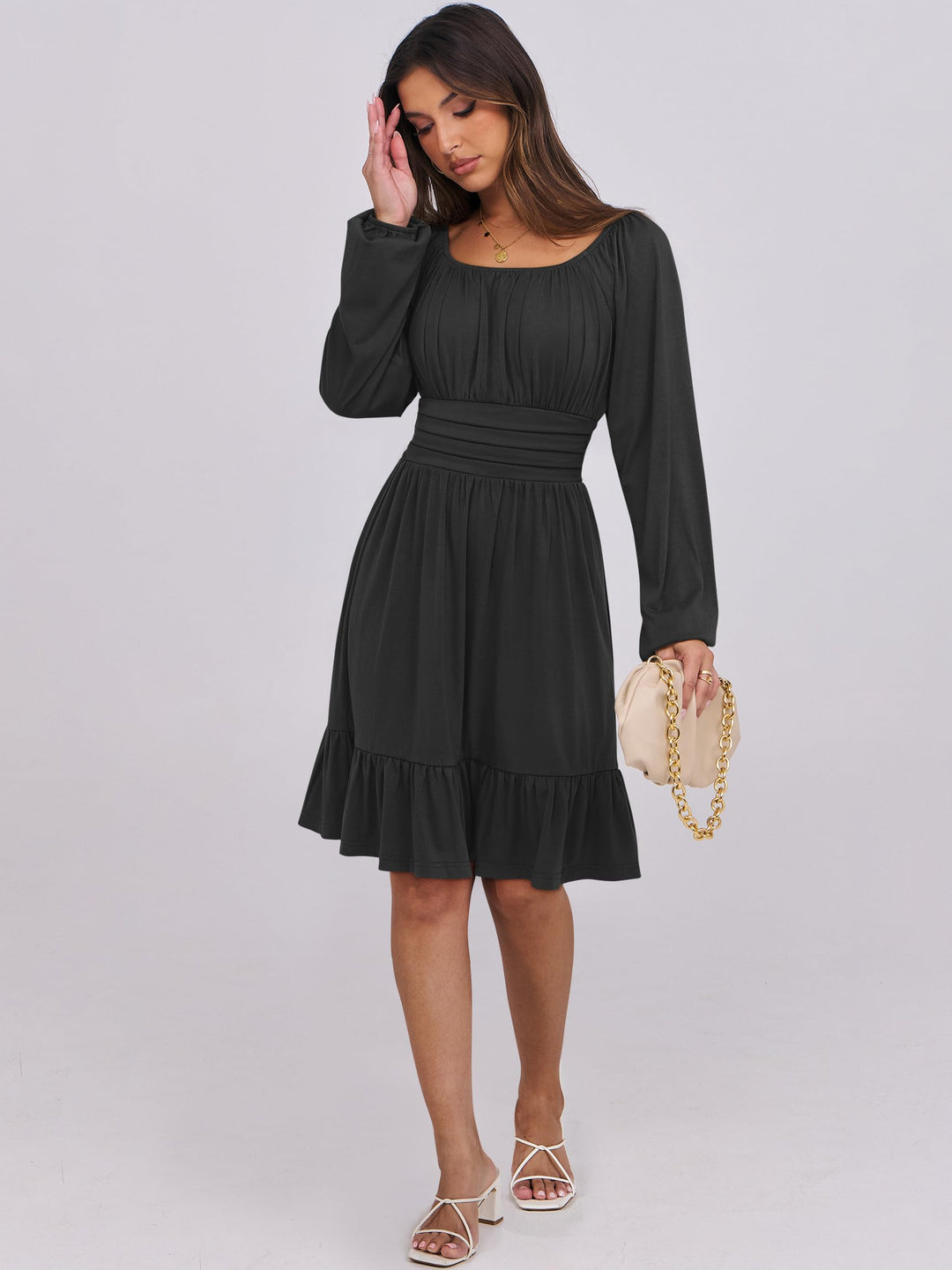 ANRABESS Womens Dress Long Lantern Sleeve Square Neck Elastic Waist Ruffle Flowy Swing A-Line Short Dresses 2026 Fall Fashion
