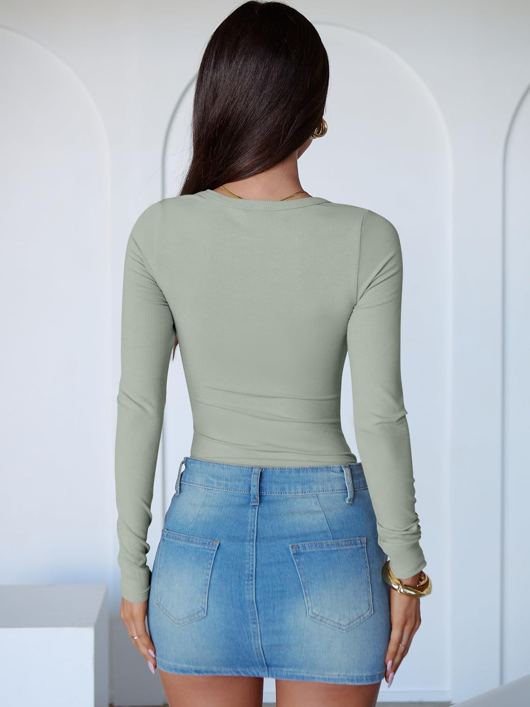 ANRABESS Long Sleeve Bodysuits Top for Women Crewneck Slim Fit Tight Body Suits,Compression Tee Shirts，Ribbed Knit Bodyshirt，Crotch Open，Casual Layer Undershirts Clothing