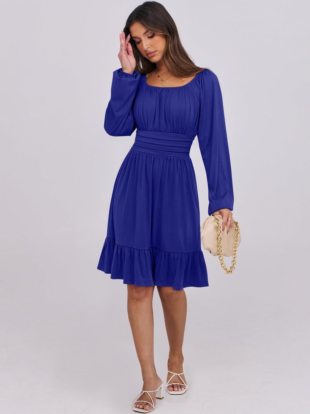 ANRABESS Womens Dress Long Lantern Sleeve Square Neck Elastic Waist Ruffle Flowy Swing A-Line Short Dresses 2026 Fall Fashion