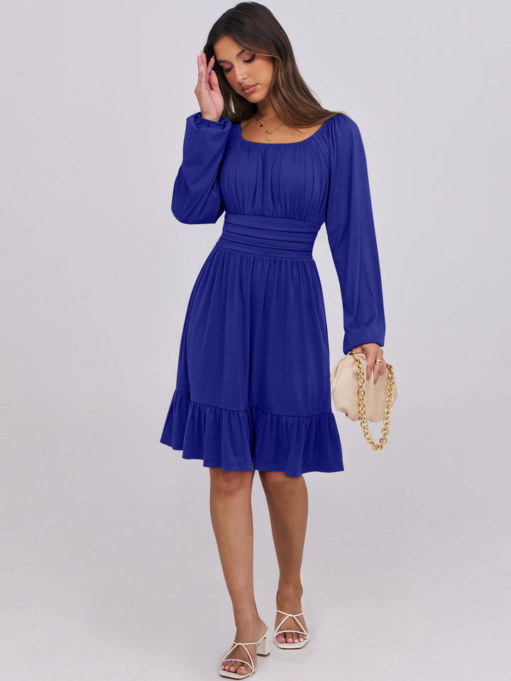 ANRABESS Womens Dress Long Lantern Sleeve Square Neck Elastic Waist Ruffle Flowy Swing A-Line Short Dresses 2026 Fall Fashion