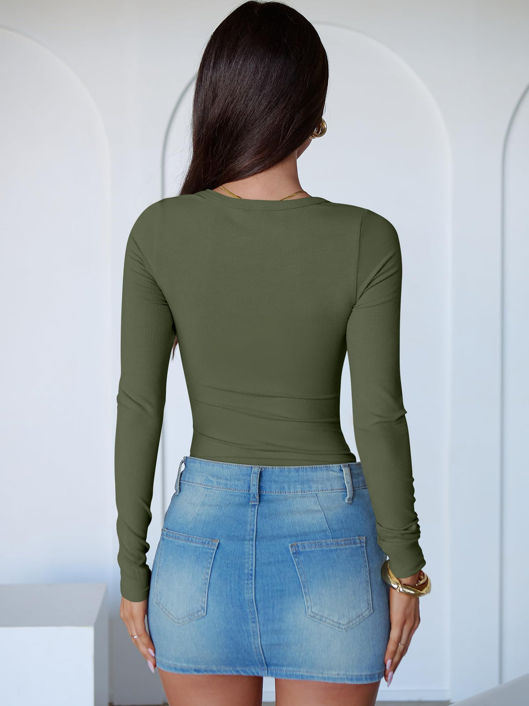 ANRABESS Long Sleeve Bodysuits Top for Women Crewneck Slim Fit Tight Body Suits,Compression Tee Shirts，Ribbed Knit Bodyshirt，Crotch Open，Casual Layer Undershirts Clothing