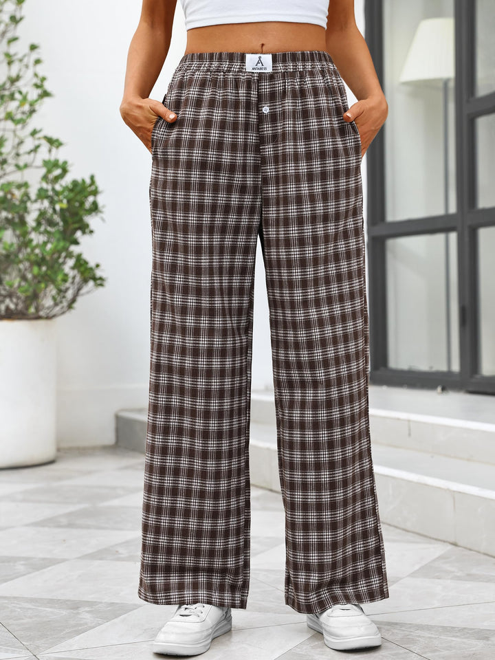 ANRABESS Womens Gingham Striped Boxer Pants | Wide Leg Elastic Waist with Pockets, Lounge Pajama Bottoms Home Daily Wear, Lightweight Breathable, Casual Summer Fall