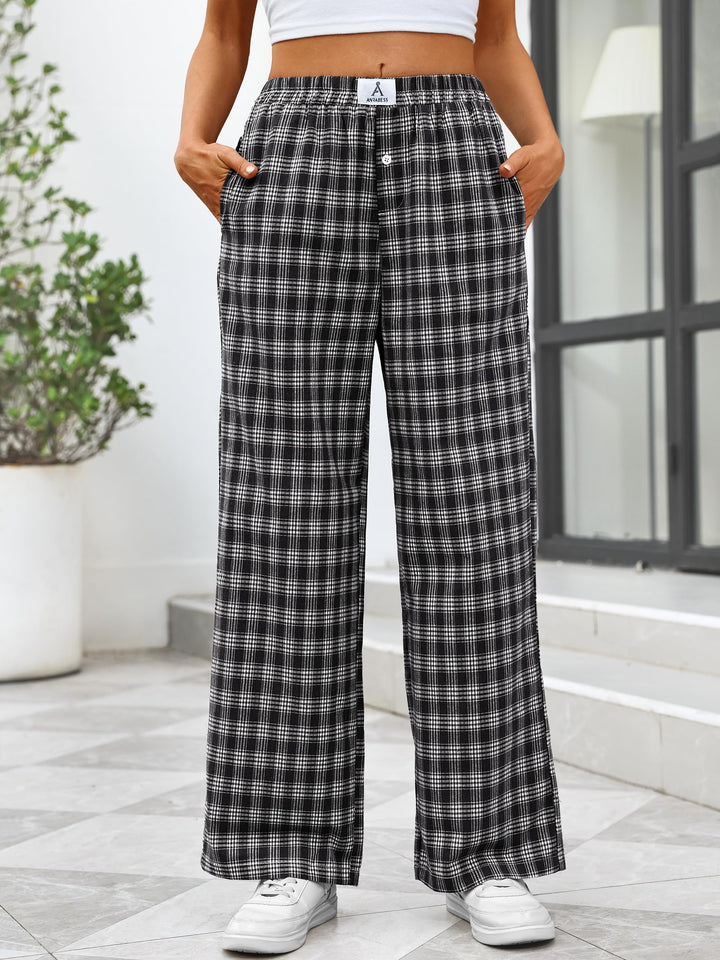 ANRABESS Womens Gingham Striped Boxer Pants | Wide Leg Elastic Waist with Pockets, Lounge Pajama Bottoms Home Daily Wear, Lightweight Breathable, Casual Summer Fall
