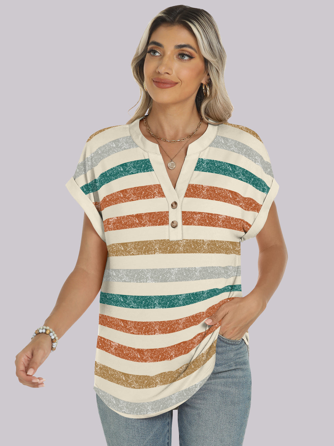ANRABESS Women's Short Sleeve V-Neck Henley Top