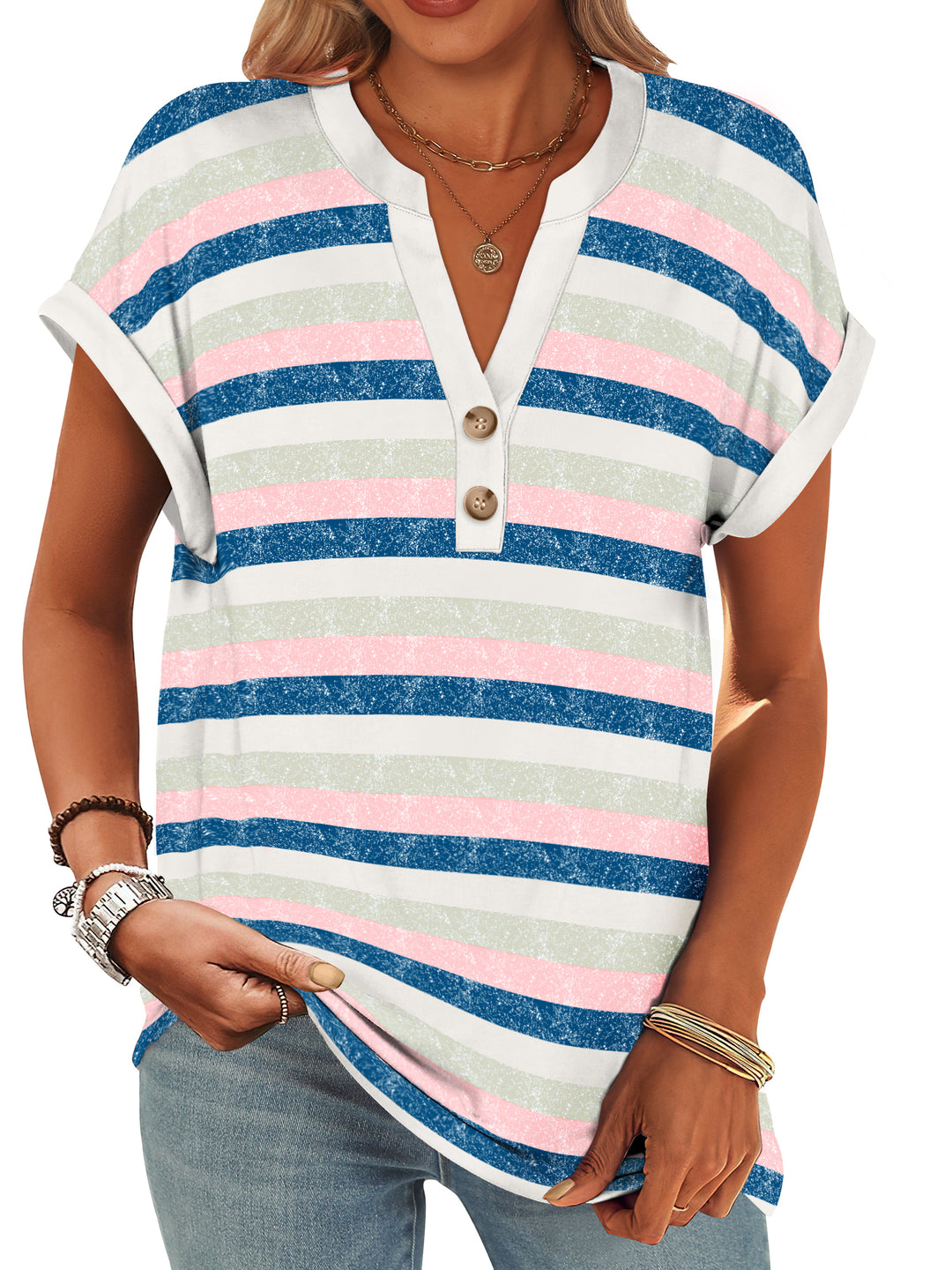 ANRABESS Women's Short Sleeve V-Neck Henley Top