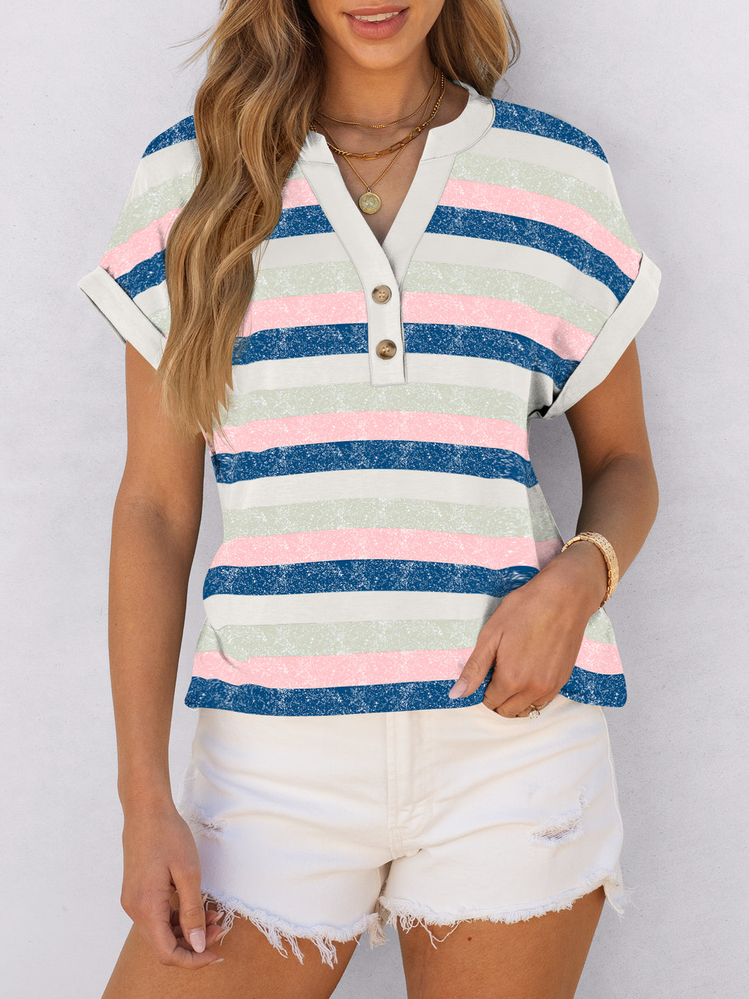 ANRABESS Women's Short Sleeve V-Neck Henley Top