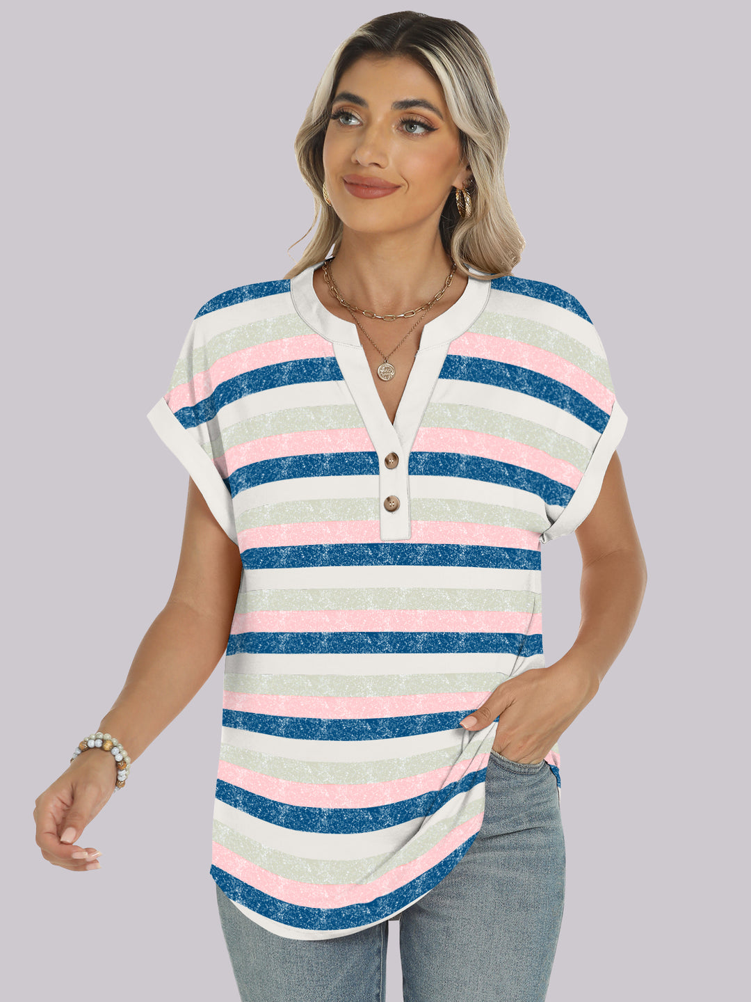 ANRABESS Women's Short Sleeve V-Neck Henley Top