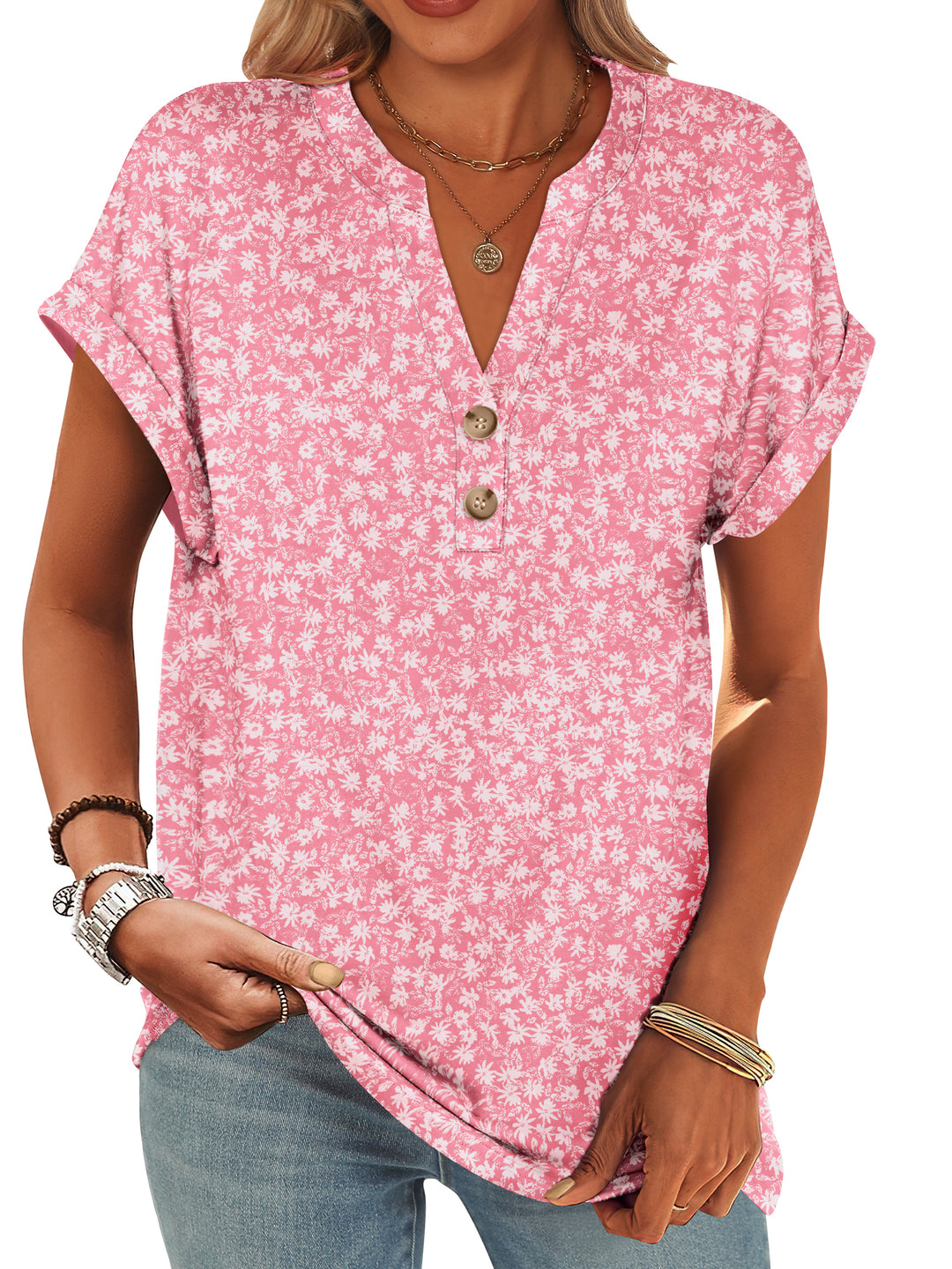 ANRABESS Women's Short Sleeve V-Neck Henley Top