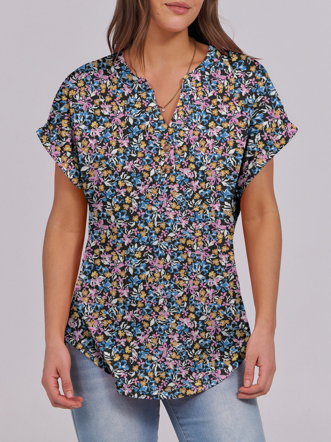 ANRABESS Women's Short Sleeve V-Neck Henley Top