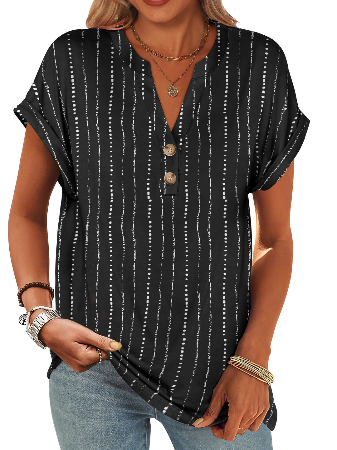 ANRABESS Women's Short Sleeve V-Neck Henley Top