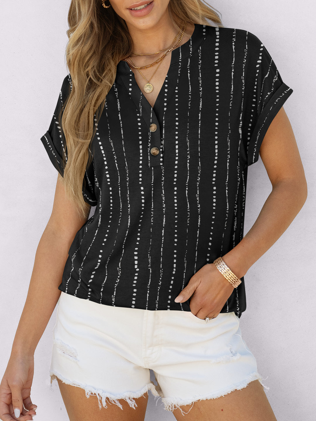 ANRABESS Women's Short Sleeve V-Neck Henley Top