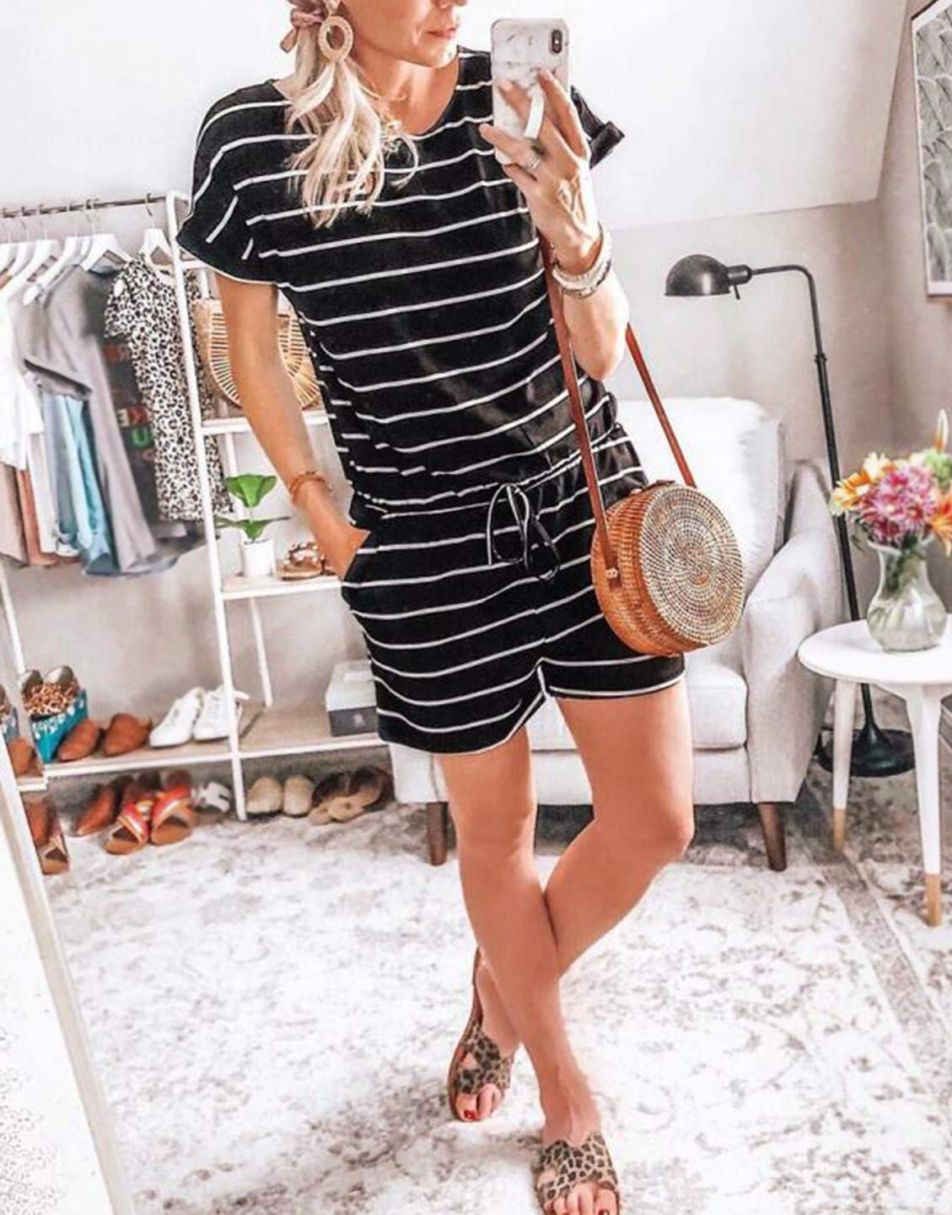 ANRABESS Short Sleeve Striped Jumpsuit with Pockets Short Pant Rompers Pajamas Loungewear