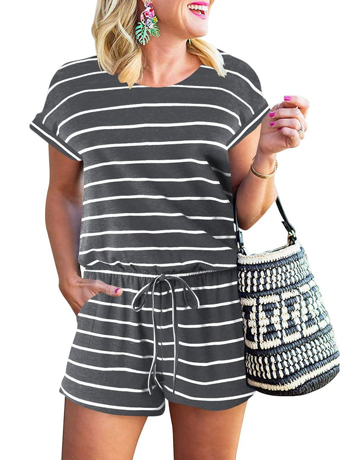 ANRABESS Short Sleeve Striped Jumpsuit with Pockets Short Pant Rompers Pajamas Loungewear