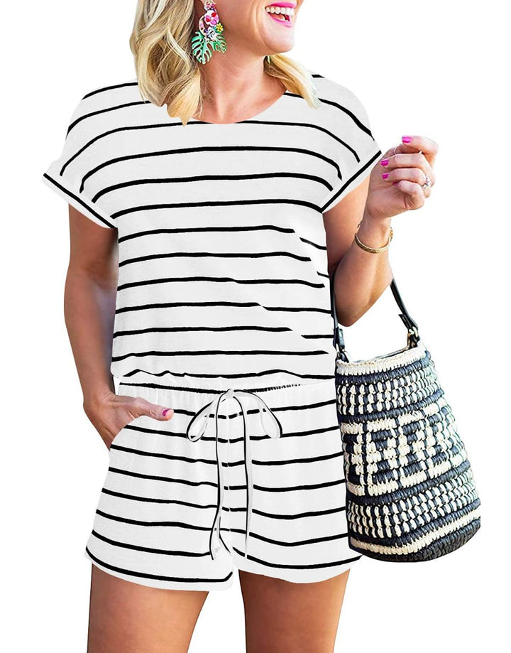 ANRABESS Short Sleeve Striped Jumpsuit with Pockets Short Pant Rompers Pajamas Loungewear