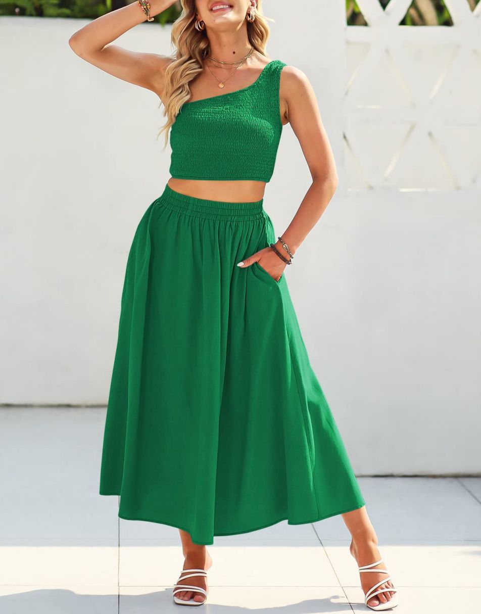 Anrabess 2 Pieces Outfits Crop Top & High Waist Dress Set with Pockets