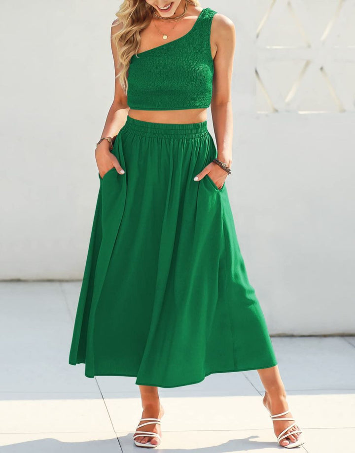 Anrabess 2 Pieces Outfits Crop Top & High Waist Dress Set with Pockets