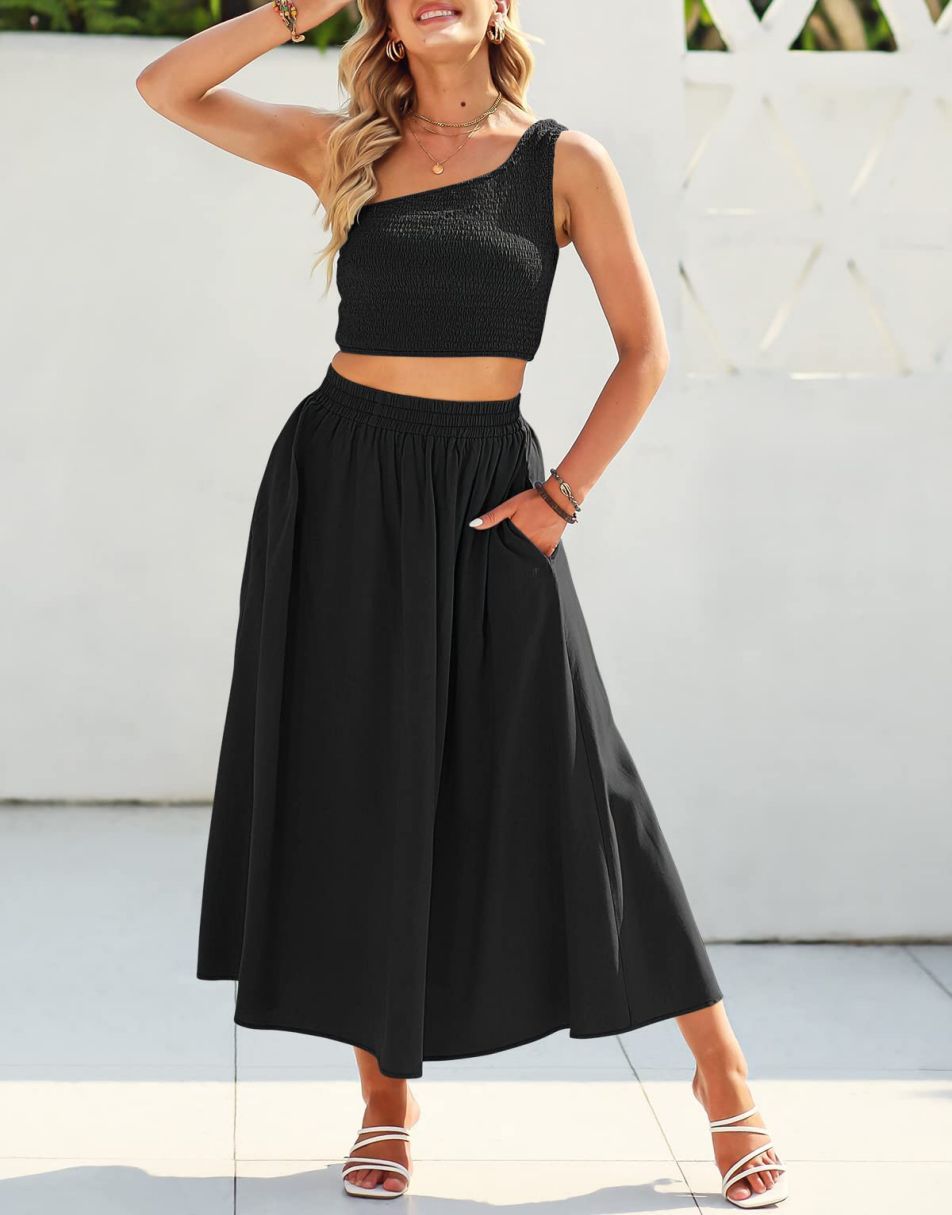 Anrabess 2 Pieces Outfits Crop Top & High Waist Dress Set with Pockets