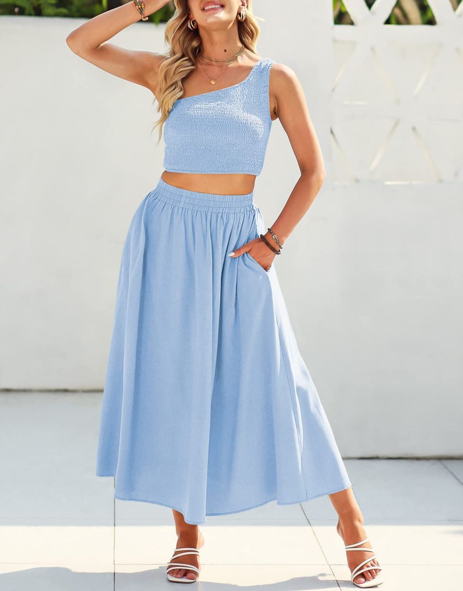 Anrabess 2 Pieces Outfits Crop Top & High Waist Dress Set with Pockets