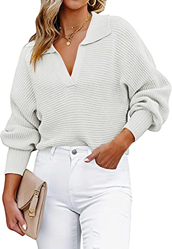 Anrabess Henley V Neck Ribbed Knit Loose Pullover Sweater Top