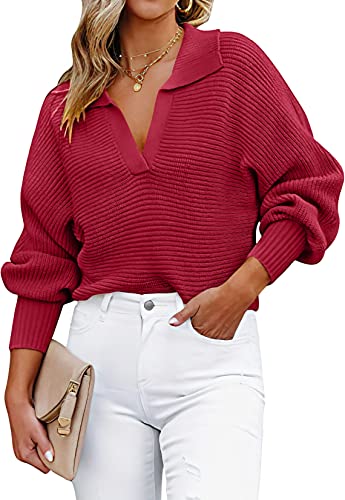 Anrabess Henley V Neck Ribbed Knit Loose Pullover Sweater Top