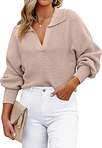 Anrabess Henley V Neck Ribbed Knit Loose Pullover Sweater Top