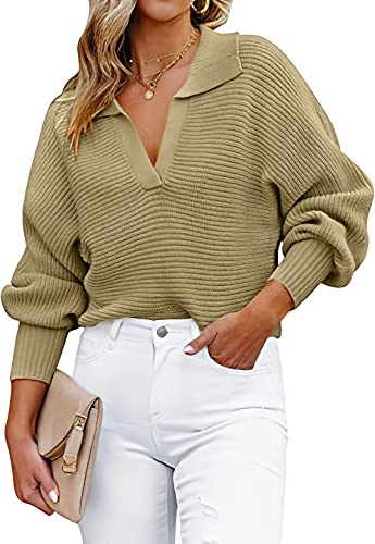 Anrabess Henley V Neck Ribbed Knit Loose Pullover Sweater Top