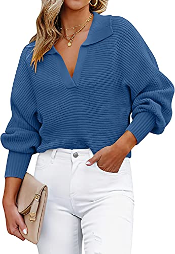 Anrabess Henley V Neck Ribbed Knit Loose Pullover Sweater Top