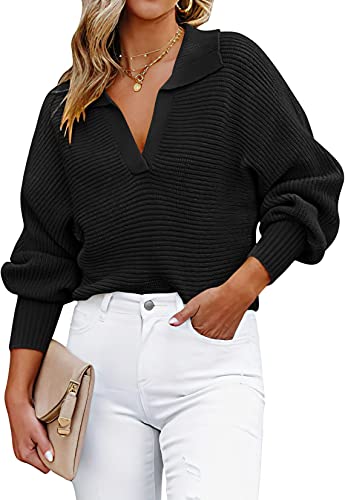 Anrabess Henley V Neck Ribbed Knit Loose Pullover Sweater Top