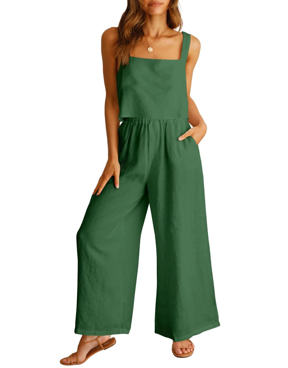 ANRABESS 2 Piece Outfits Square Neck Sleeveless Tank Crop Top & Wide Leg Pants Lounge Set