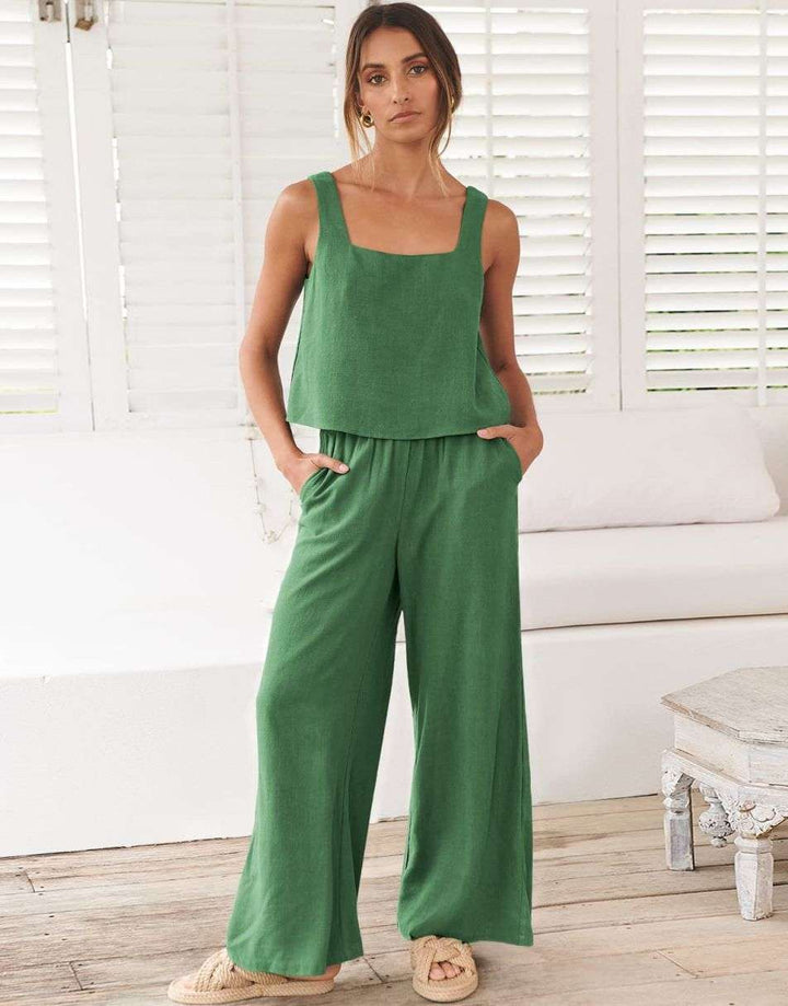 ANRABESS 2 Piece Outfits Square Neck Sleeveless Tank Crop Top & Wide Leg Pants Lounge Set