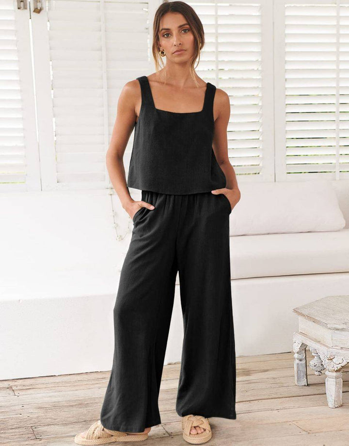 ANRABESS 2 Piece Outfits Square Neck Sleeveless Tank Crop Top & Wide Leg Pants Lounge Set